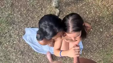 Threesome In The Nature With A White Chubby Girl And Dark Desi Slut Cum Facial