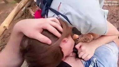 POV Amateur brunette gives sensual blowjob in the forest & cum in her throat