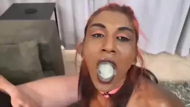 Indian girl sucking dick with her hands cuffed behind her back | cum in mouth | cum swallow